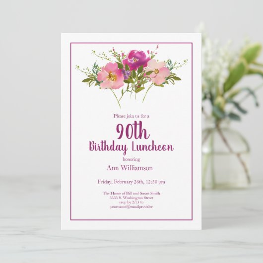 ピンクウォーターカラーフローラ90誕生日 招待状 (スタンド正面)