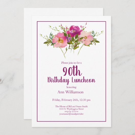 ピンクウォーターカラーフローラ90誕生日 招待状 (正面/裏面)