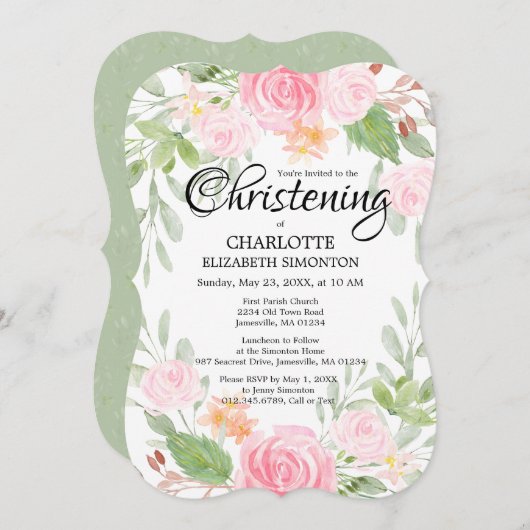ピンクウォーターカラーフローラ《キリスト教》洗礼式や命名式招待状 招待状 (正面/裏面)