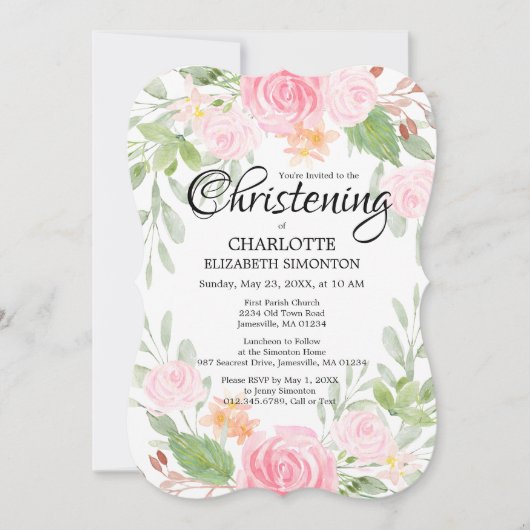 ピンクウォーターカラーフローラ《キリスト教》洗礼式や命名式招待状 招待状 (正面)