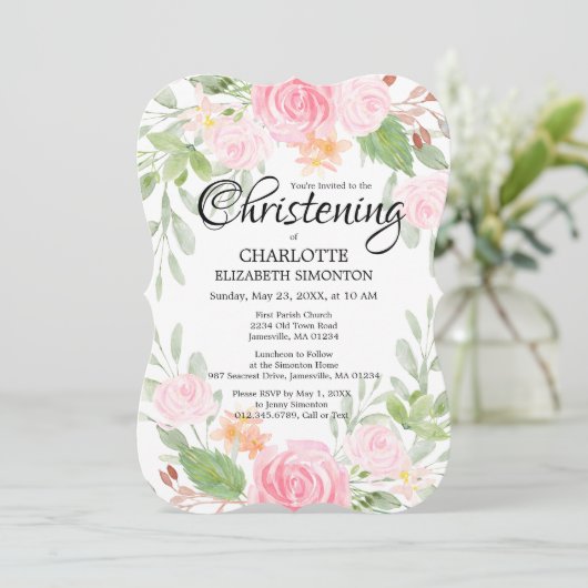 ピンクウォーターカラーフローラ《キリスト教》洗礼式や命名式招待状 招待状 (スタンド正面)