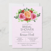 ピンクウォーターカラーフローラ&ドットブライダルシャワー招待状 (正面)