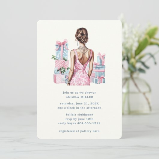 ピンクウォーターカラーブライダルシャワーウェディングシャワー 招待状 (スタンド正面)