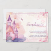 ピンクウォーターカラープリンセスキャッスルバースデーパーティー 招待状 (正面)