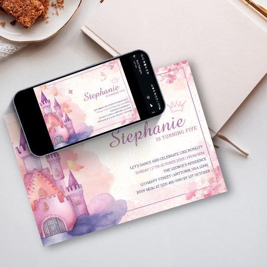 ピンクウォーターカラープリンセスキャッスルバースデーパーティー 招待状