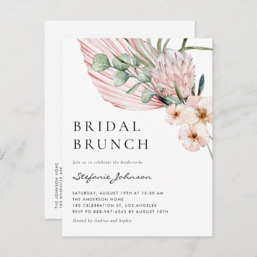ピンクウォーターカラープロテアトロピカルブライダルブランチ インビテーションポストカード (正面/裏面)