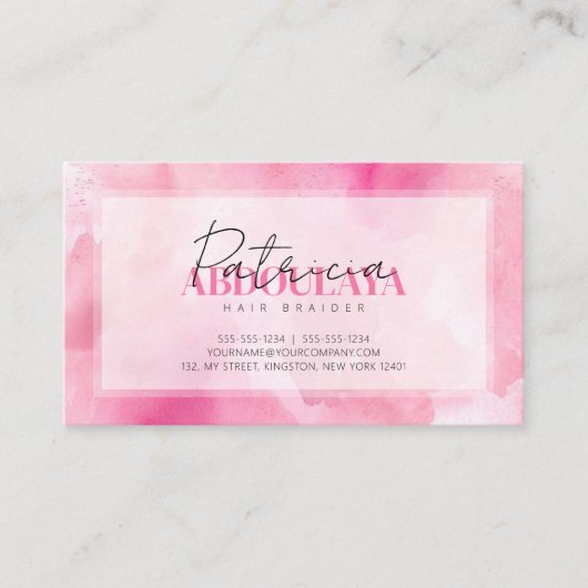ピンクウォーターカラーヘアブレイダースクリプトタイポグラフィ 名刺 (正面)