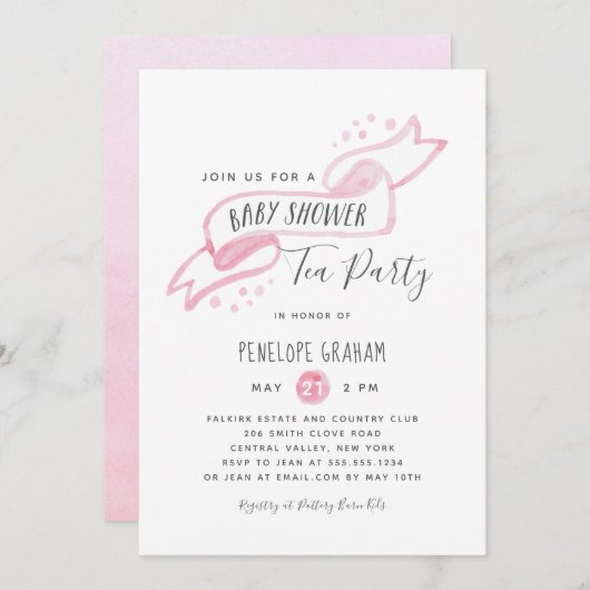 ピンクウォーターカラーベビーシャワーティーパーティの招待状 招待状 (正面/裏面)