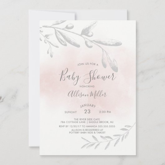 ピンクウォーターカラーベビーシャワー招待状 招待状 (正面)