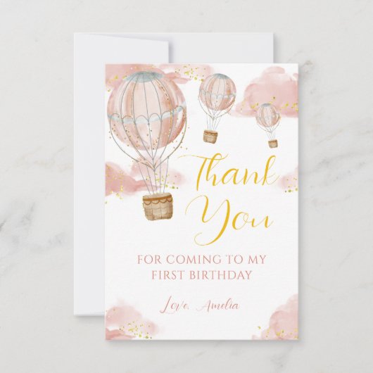 ピンクウォーターカラーホットエアバルーンガール誕生日 サンキューカード (正面)