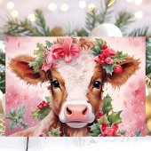 ピンクウォーターカラーホリーベビーカウクリスマス シーズンカード