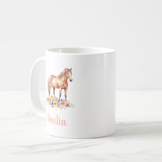ピンクウォーターカラーホース名前をカスタムするフローラ コーヒーマグカップ (正面左)