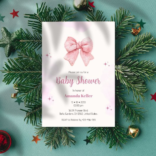 ピンクウォーターカラーボウベビーシャワー招待状 招待状