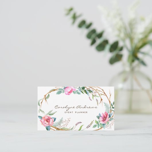ピンクウォーターカラーボヘミアンフローラリース 名刺 (スタンド正面)