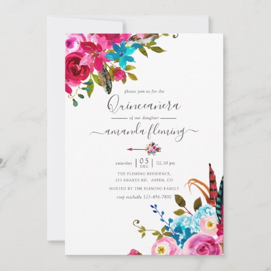 ピンクウォーターカラーボホシックフローラクインセアニラ 招待状 (正面)