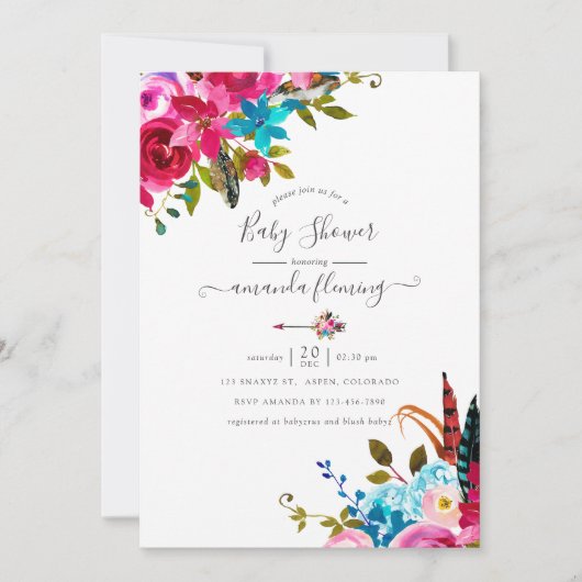 ピンクウォーターカラーボホシックフローラベビーシャワー 招待状 (正面)
