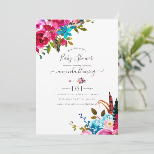 ピンクウォーターカラーボホシックフローラベビーシャワー 招待状 (スタンド正面)
