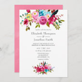 ピンクウォーターカラーボホシックフローラ結婚ズ 招待状 (正面/裏面)