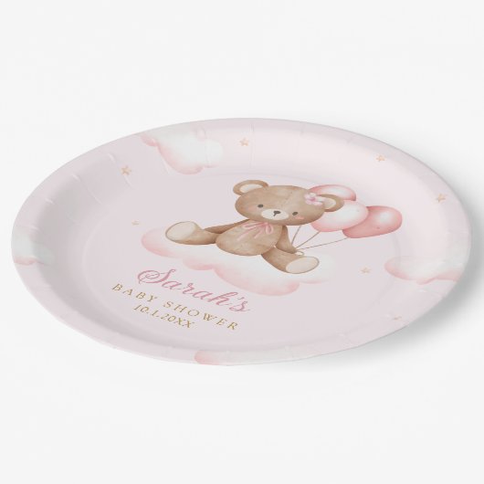 ピンクウォーターカラーボホテディベアーガールベビーシャワー ペーパープレート (アングル)