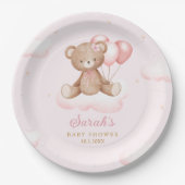 ピンクウォーターカラーボホテディベアーガールベビーシャワー ペーパープレート (正面)