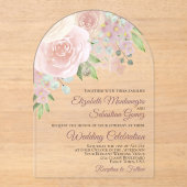 ピンクウォーターカラーボホバラエレガントアーチ結婚ーズ アクリル招待状 (正面)