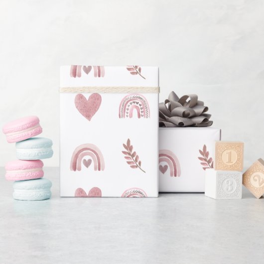 ピンクウォーターカラーボホレインボーラッピング紙 ラッピングペーパー (ベビーシャワー)