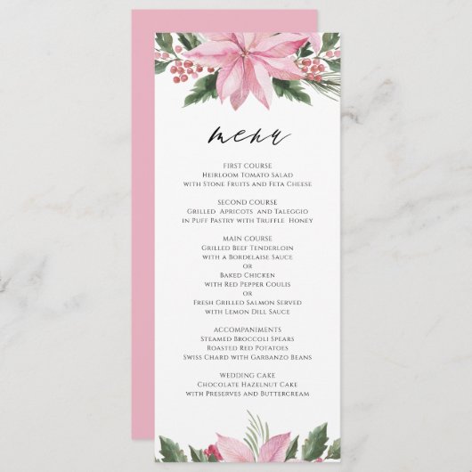 ピンクウォーターカラーポインセチアフローラ冬の結婚式 メニュー (正面/裏面)