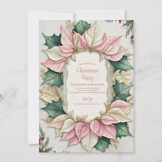 ピンクウォーターカラーポインセチアhollyクリスマスパーティー 招待状 (正面)