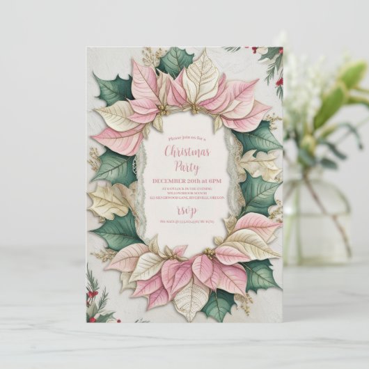 ピンクウォーターカラーポインセチアhollyクリスマスパーティー 招待状 (スタンド正面)