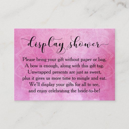 ピンクウォーターカラーマンダラディスプレイブライダルシャワーカード エンクロージャーカード (正面)