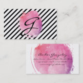 ピンクウォーターカラーモノグラムファンシー文字ストライプ 名刺 (正面/裏面)