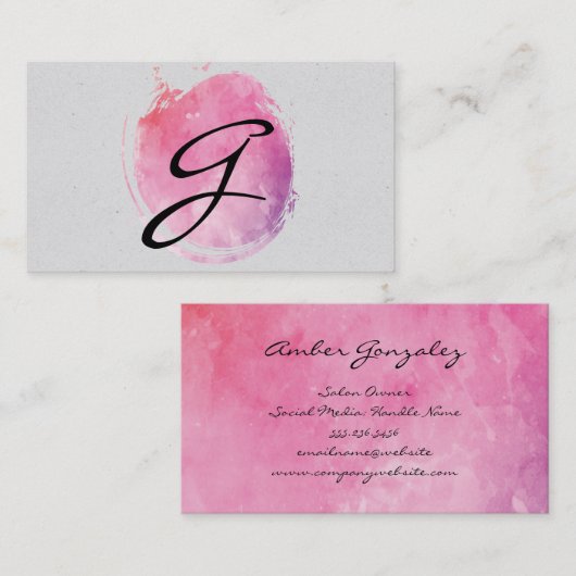 ピンクウォーターカラーモノグラムファンシー文字斑点 名刺 (正面/裏面)