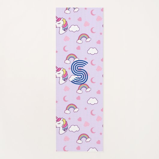 ピンクウォーターカラーユニコーンヨガおもしろいブラックモノグラム ヨガマット (正面)