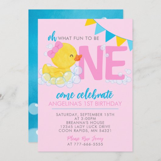 ピンクウォーターカラーラバーダック1stバースデーフォト 招待状 (正面/裏面)