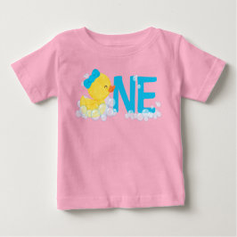 ピンクウォーターカラーラバーダックONE誕生日ベビー ベビーTシャツ
