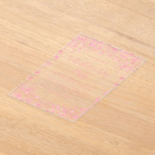 ピンクウォーターカラーラブハートバレンタインデーパーティー アクリル招待状 (レイダウン)