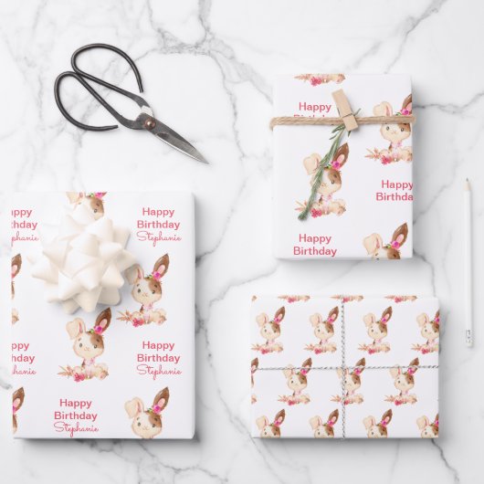 ピンクウォーターカラーリトルバニー ラッピングペーパーシート (正面)