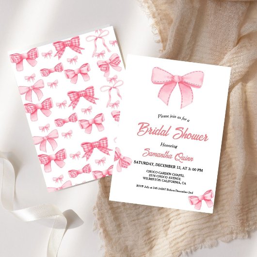 ピンクウォーターカラーリボン赤面ブライダルシャワーパーティー 招待状