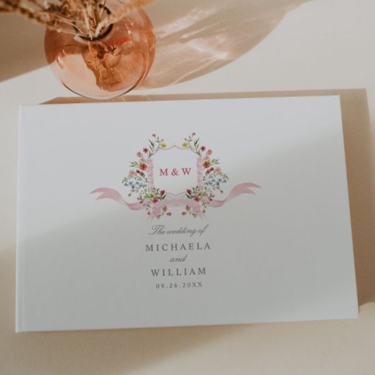 ピンクウォーターカラーリージェンシーボタニカルクレスト結婚ズ ゲストブック