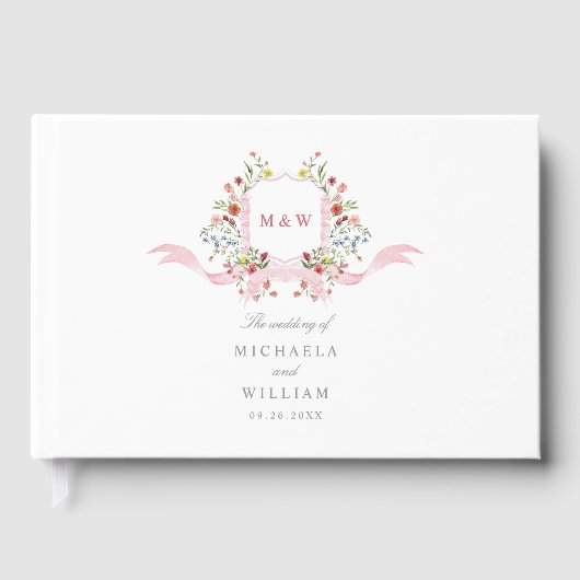 ピンクウォーターカラーリージェンシーボタニカルクレスト結婚ズ ゲストブック (正面)