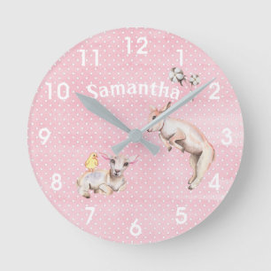 ピンクウォーターカラーリーピングラム子供部屋ルーム ラウンド壁時計