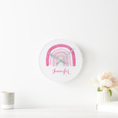 ピンクウォーターカラーレインボーガール子供部屋 ラウンド壁時計 (ホーム)