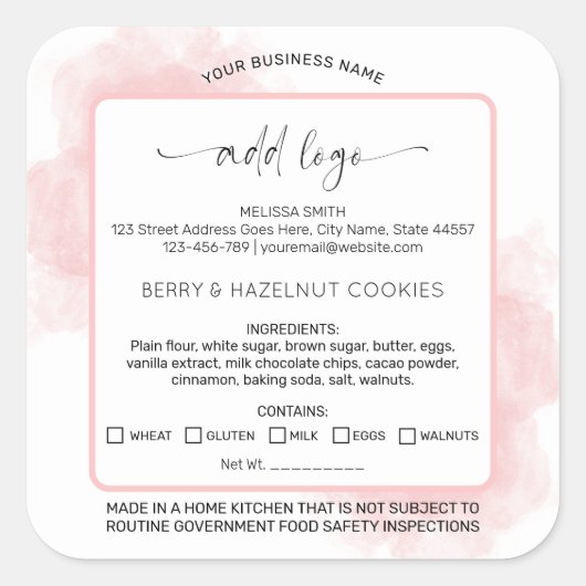 ピンクウォーターカラーロゴホームベーカリー食品ライセンス スクエアシール (正面)