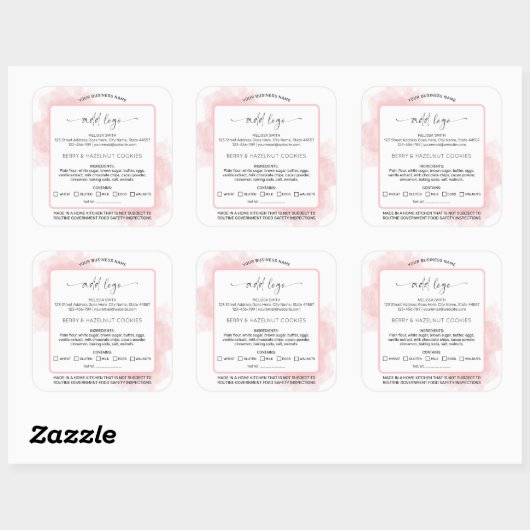 ピンクウォーターカラーロゴホームベーカリー食品ライセンス スクエアシール (シート)