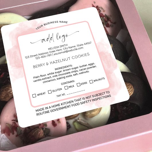 ピンクウォーターカラーロゴホームベーカリー食品ライセンス スクエアシール