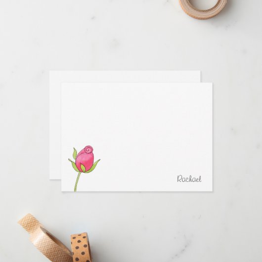 ピンクウォーターカラーローズブドノートカード ノートカード (正面/裏面インサイチュ)