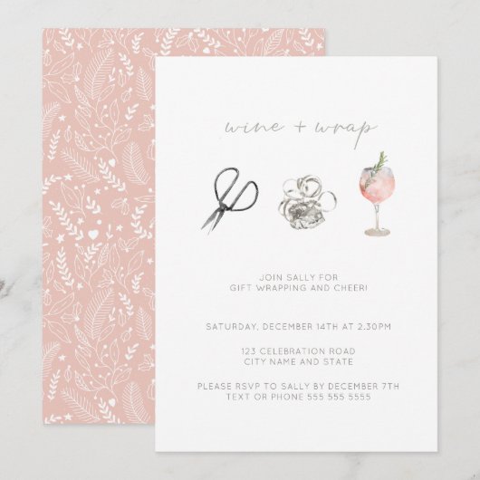 ピンクウォーターカラーワインラップクリスマスホリデーパーティー 招待状 (正面/裏面)