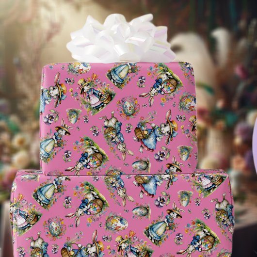 ピンクウォーターカラーヴィンテージイースターバニーエッグフローラ ラッピングペーパー
