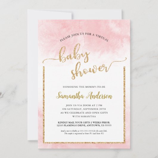 ピンクウォーターカラー仮想ベビーシャワー金ゴールドグリッター 招待状 (正面)