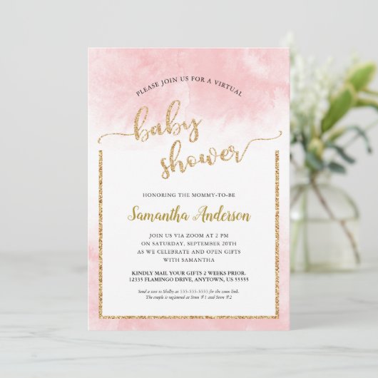 ピンクウォーターカラー仮想ベビーシャワー金ゴールドグリッター 招待状 (スタンド正面)